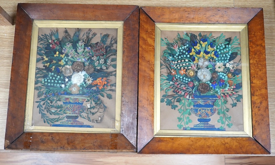 A pair of early Victorian painted cut paper relief still life pictures, maple frames, 28cm high, 22cm wide. Condition - poor frames, one picture fair, the other poor